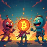 A comic illustration depicting five altcoins (AVAX, SUI, TAO, AAVE) in various states of growth and struggle amidst Bitcoin's recovery.
