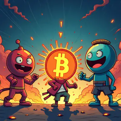 A comic illustration depicting five altcoins (AVAX, SUI, TAO, AAVE) in various states of growth and struggle amidst Bitcoin's recovery.