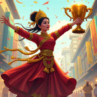 A  of a cryptocurrency exchange (Tokocrypto) as a proud Indonesian dancer, dressed in traditional attire and holding the Physical Crypto Asset Trader license like a trophy, surrounded by confetti and balloons amidst a vibrant cityscape with Binance's logo subtly integrated into the architecture.