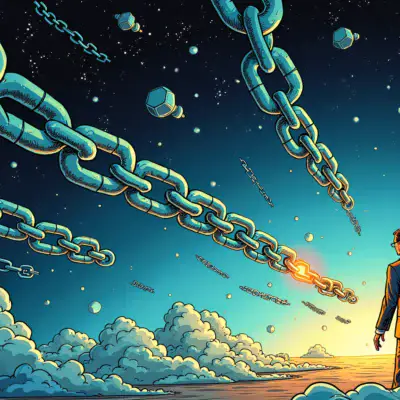 A  illustration of a blockchain network with chains being held back by heavy weights, while others are freely flowing through space. A few developers are shown trying to reach out to the blocked networks but getting shut down by SEC regulators depicted as stern-looking officials in suits.