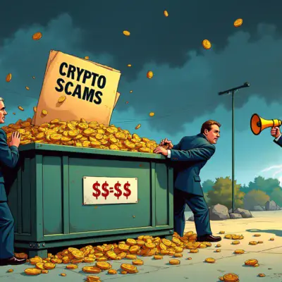 A  illustration depicting a group of politicians trying to cover up a giant, overflowing dumpster labeled 'Crypto Scams' with a large piece of paper that reads '$$$$'. In the background, a SEC regulator is shown holding a megaphone and shouting towards them. The scene is set against a darkening sky with lightning bolts striking in the distance.