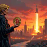 A  Suze Orman is shown standing in front of a crumbling cityscape at dusk, surrounded by flames and smoke. In her hand she holds a Bitcoin symbol while looking out over the chaos with an expression of determination. A faint image of a rocket ship blasting off into space can be seen rising above the ruins.