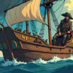 A  illustration depicting a hacker dressed as a pirate, sailing away from a sinking ship labeled 'Delta Prime' with a giant dollar sign and cryptocurrency symbols floating out of the water towards him. In the background, two other ships are shown: one is on fire (WazirX) while another has a large X marked through it.