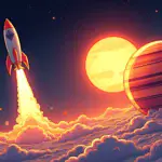A stylized illustration featuring a rocket blasting off into the sky, leaving behind two planets (Ethereum and Solana) that are slowly merging together to form a new planet with three layers (base layer, Celestia data storage, and Eclipse L2). The background is filled with stars and galaxies. A large sun in the center represents growth and energy.