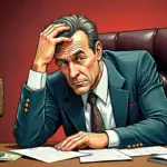A  CEO sits at a desk with papers scattered around them, looking frazzled and stressed as they hold their head in one hand while clutching a briefcase full of money in the other. In the background, a judge's gavel hangs ominously from the wall.