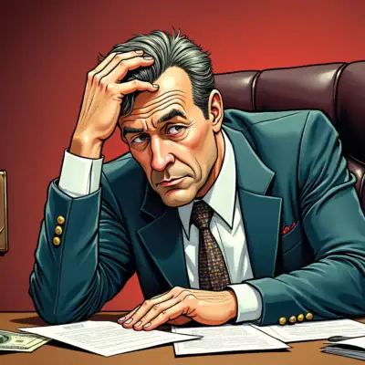 A  CEO sits at a desk with papers scattered around them, looking frazzled and stressed as they hold their head in one hand while clutching a briefcase full of money in the other. In the background, a judge's gavel hangs ominously from the wall.