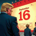 A  illustration depicting Donald Trump standing in front of a giant calendar counting down to September 16, while his sons Eric and Donald Jr. look on nervously behind him. A chaotic scene unfolds with hackers and scammers lurking around the edges, as a World Liberty Financial logo looms large in the background.
