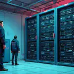 A  illustration showing Elon Musk standing in front of two large computers: a small Tesla vehicle inference computer on one side and an enormous xAI model training cluster (Colossus) on the other. The Colossus is overflowing with graphics processing units, while the smaller computer looks tiny by comparison.