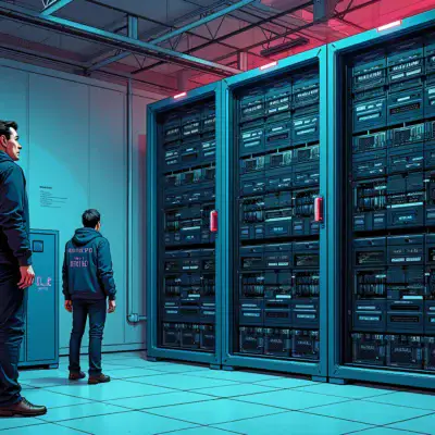 A  illustration showing Elon Musk standing in front of two large computers: a small Tesla vehicle inference computer on one side and an enormous xAI model training cluster (Colossus) on the other. The Colossus is overflowing with graphics processing units, while the smaller computer looks tiny by comparison.
