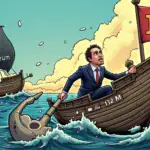 A  illustration depicting a sinking ship with James Fickel at its helm, surrounded by waves and debris as he clutches a large anchor labeled '132M' in the water below him. In the background, two opposing ships are shown - one flying an Ethereum flag (ETH) rising high into the air while another flies a Bitcoin flag (BTC) plummeting downwards.