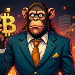 A  ape wearing a suit and holding an overpriced, luxury item (a diamond-encrusted blockchain-shaped pendant) with a shocked expression on its face amidst flames of rising stock prices and chaotic market charts in the background.