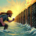 A  illustration of a group of Bitcoin miners frantically trying to hold onto mining rigs as they are being swept away by strong winds, symbolizing the industry's struggles with high costs and declining revenues.