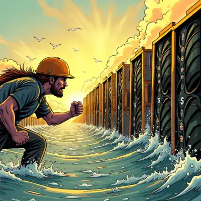A  illustration of a group of Bitcoin miners frantically trying to hold onto mining rigs as they are being swept away by strong winds, symbolizing the industry's struggles with high costs and declining revenues.