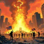 A distressed cityscape at dusk with skyscrapers crumbling in the background as a massive gold bar rises from the rubble, engulfed by flames; people flee in panic while holding onto American flags torn apart.