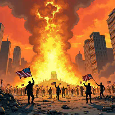 A distressed cityscape at dusk with skyscrapers crumbling in the background as a massive gold bar rises from the rubble, engulfed by flames; people flee in panic while holding onto American flags torn apart.