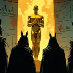 A  illustration of three shadowy figures (representing Mexico, Mongolia, and the Czech Republic) huddled around a large golden statue in a dimly lit room filled with financial charts and maps, conveying uncertainty and risk amidst rising geopolitical tensions.