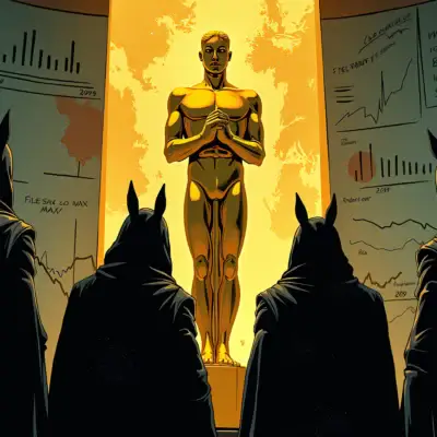 A  illustration of three shadowy figures (representing Mexico, Mongolia, and the Czech Republic) huddled around a large golden statue in a dimly lit room filled with financial charts and maps, conveying uncertainty and risk amidst rising geopolitical tensions.
