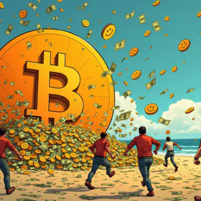 A  illustration depicting a chaotic scene with people frantically running away from a massive pile of cryptocurrency coins and dollar bills being blown into the air by strong gusts of wind. A giant 'X' marked through a bitcoin logo in the background, while ethereum logos are shown as smiling faces amidst the chaos.