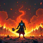 A  illustration depicts a hellfire-filled landscape with flames engulfing Web3 startup logos and broken blockchain pieces scattered around. A giant hammer-wielding figure, resembling a crypto bro, stands at the center, surrounded by shattered screens displaying failed DeFi projects and GameFi games in ruins.