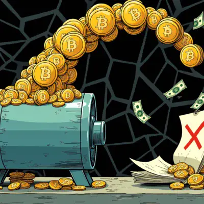 A comically exaggerated illustration depicting a  'money laundering' machine with Bitcoin coins pouring in from the top, while dollars are being sucked out of it; at the bottom, an empty bank account is shown with a red X through it and dollar signs flying away. The entire scene is set against a dark web-inspired background.