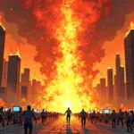 A chaotic cityscape with skyscrapers engulfed in flames as people frantically run away from a massive explosion caused by overheated computers and screens displaying cryptocurrency prices. A giant LED screen at the center of the chaos displays an endless loop of rising stock values, while others show plummeting crypto assets.