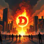 A darkened cityscape with skyscrapers in flames, smoke billowing out of windows as people run frantically through the streets below, a giant DefiEdge logo burning at its center amidst chaos and panic.