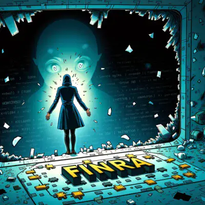 A  illustration depicting a person trapped inside a computer screen, surrounded by broken locks and shattered glass pieces. A giant metaverse avatar looms over them, its face obscured in shadows. The background is filled with fragmented code snippets and circuit boards, symbolizing the chaos of cybersecurity risks. In the foreground, a FINRA logo made out of puzzle pieces lies on the ground, signifying the need to address challenges before adopting the metaverse.