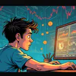 A  illustration of a person sitting in front of a computer screen displaying cryptocurrency price charts and graphs, with confused expressions on their face as prices fluctuate wildly around them. The background is filled with chaotic, swirling patterns resembling stock market graphics, while the character's hands are clasped together in frustration.