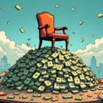 A  illustration of an empty chair on top of a mountain made out of money stacks and broken computers, surrounded by worried-looking government officials and financial experts trying to fill it with puzzle pieces labeled 'regulations', while others are shown holding hands around a table with virtual asset screens displaying chaotic market fluctuations in the background.