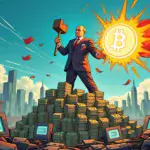 A futuristic cityscape with sleek skyscrapers in the background, amidst a chaotic mess of wires and computer screens in front. A giant hammer-wielding figure (representing Putin) stands atop a mountain of money stacks, surrounded by BRICS flags waving wildly in the wind. The digital currencies are depicted as swirling vortexes of light emanating from his hand.