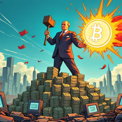 A futuristic cityscape with sleek skyscrapers in the background, amidst a chaotic mess of wires and computer screens in front. A giant hammer-wielding figure (representing Putin) stands atop a mountain of money stacks, surrounded by BRICS flags waving wildly in the wind. The digital currencies are depicted as swirling vortexes of light emanating from his hand.