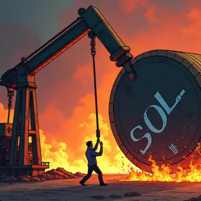 A  illustration of a giant pump handle with its arm stretched out to hold up a massive weight labeled 'SOL' tokens as flames and smoke rise in the background, symbolizing market volatility. A smaller figure representing Pump.fun is seen trying to pull down the weight but failing, while Solana's price chart rises steadily on screen.