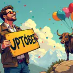 An illustration depicting an enthusiastic cryptocurrency investor wearing rose-tinted glasses and holding a 'Uptober' sign, surrounded by balloons and confetti as they stand on top of a mountain range with a strong economy (represented by a bull) in the background.