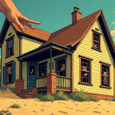 A  house with a giant hand holding it back as people inside are frantically trying to escape through windows while digital assets swirl around them like sand.