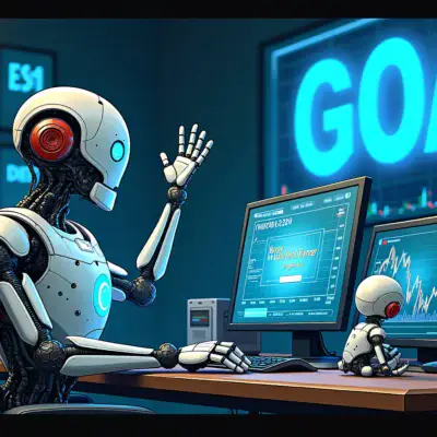 A  robot with glowing blue circuits sits at a desk surrounded by screens displaying cryptocurrency charts and memes, its arms outstretched in excitement as it gazes up at a giant 'GOAT' logo emblazoned on the wall behind it. A miniature version of itself is seen sitting next to a CPU, while another screen displays an image of Marc Andreessen giving money to the robot's wallet address.