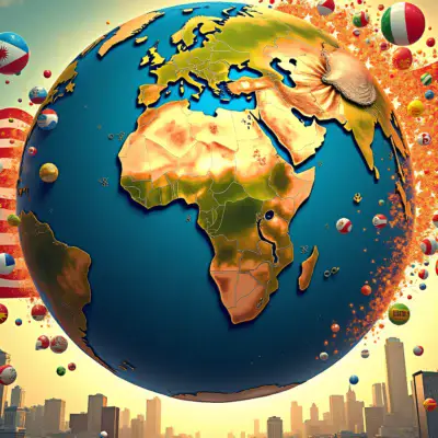 A stylized globe in the center of a split-screen image with two sides: one side showing American flags fading away as they're replaced by BRICS nation flags; on the other side, various currencies are being merged into a single currency symbol while economic graphs and charts show an upward trend. In the background, subtle hints of financial institutions' logos disappearing or getting distorted.
