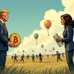A  illustration depicting a split America landscape where one side features Donald Trump holding a Bitcoin sign and wearing an American flag cape while Kamala Harris stands on the other side looking at a dollar bill with concern; in the background, inflation balloons float away as people run from them. The atmosphere is tense but hopeful.