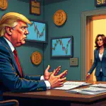 A  illustration of a surprised-looking Donald Trump sitting at an empty desk surrounded by Bitcoin logos and screens displaying cryptocurrency charts, while Kamala Harris is seen walking away in the background towards a 'regulation' door with a keyhole labeled SEC