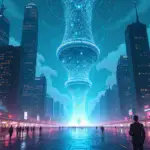 A futuristic cityscape with sleek skyscrapers and neon lights reflecting off wet pavement, but instead of people walking the streets, robots are moving swiftly in every direction. In the center, a massive blockchain-like structure dominates the skyline, pulsing with energy as it connects various chains together. A subtle glow emanates from within, symbolizing liquidity and growth.