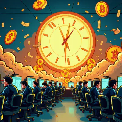 A  illustration depicting a chaotic stock exchange floor with frantic traders frantically pressing buttons on trading screens while surrounded by swirling clouds of money and confused-looking Bitcoin and Ethereum logos. A giant clock ticks away in the background, symbolizing time running out.