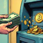 A  illustration depicting a person holding a stack of cash with coins spilling out from their hands as they insert it into an ATM-like machine that dispenses cryptocurrency and stablecoins on the other end.