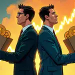 A  illustration of two figures in business attire standing back-to-back with their hands clasped together and a massive cryptocurrency graph rising behind them. The figure on the left is holding a large Bitcoin fund box, while the other holds an Ethereum one. Their body language conveys excitement and caution as they gaze at the rapidly growing market values.