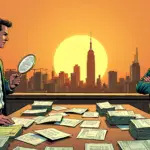 A  illustration depicting two figures standing on opposite sides of an empty desk with stacks of money and papers scattered around them. The figure on one side is holding a magnifying glass examining documents while the other has their arms crossed, looking defiant. In the background, there's a cityscape with skyscrapers in ruins to symbolize financial collapse.