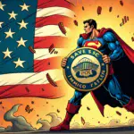 A  illustration depicting a superhero (Immutable CEO) standing defiantly in front of an American flag with its back turned towards a giant SEC logo, while holding a shield emblazoned with 'IMX token' and fending off a swarm of angry regulatory agents. The background is filled with chaotic market fluctuations represented by wavy lines and plummeting stock prices.