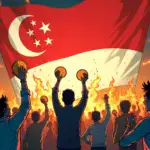 A  illustration depicting a chaotic stock market scene with frantic traders holding tokens in their hands, surrounded by screens displaying financial data and logos of major banks like Citi and HSBC. In the background, a giant Singaporean flag waves amidst flames, symbolizing the 'mad money schemes' frenzy.