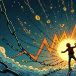A  illustration depicting a person trapped in a web of financial chains while Standard Chartered's Zodia Custody is shown breaking free, surrounded by rising cryptocurrency charts and dollar signs, symbolizing its expansion into new markets.