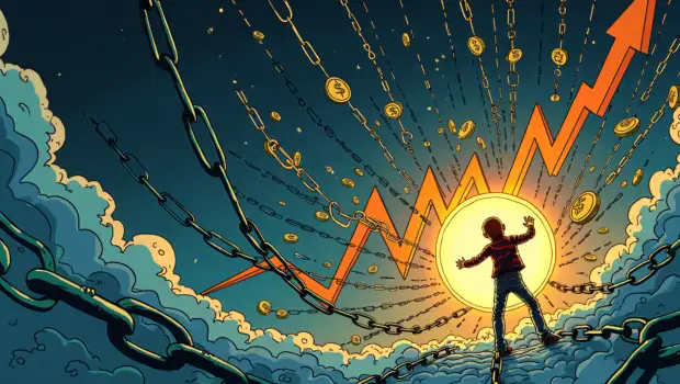 A  illustration depicting a person trapped in a web of financial chains while Standard Chartered's Zodia Custody is shown breaking free, surrounded by rising cryptocurrency charts and dollar signs, symbolizing its expansion into new markets.