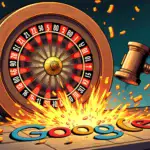 A  illustration depicting a giant digital roulette wheel with dollar signs and rubles spinning wildly out of control. A massive hammer comes crashing down on the table where Google's logo is displayed in bold letters.