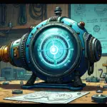 A futuristic, steampunk-inspired time machine sits atop a cluttered workbench amidst scattered computer parts and blockchain diagrams; the device's glowing blue core pulsates as if energized by an inner clockwork mechanism.
