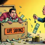 A  illustration depicting a person trapped in a locked box labeled 'Life Savings', while another figure holds keys made out of dollar bills and coins, symbolizing the potential loss of funds due to investment risks.